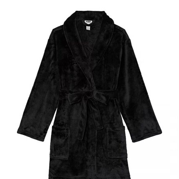 🔥Victoria's Secret PINK Short Cozy Plush Super Soft Robe Pure Black LogoNWT M/L - Picture 2 of 3